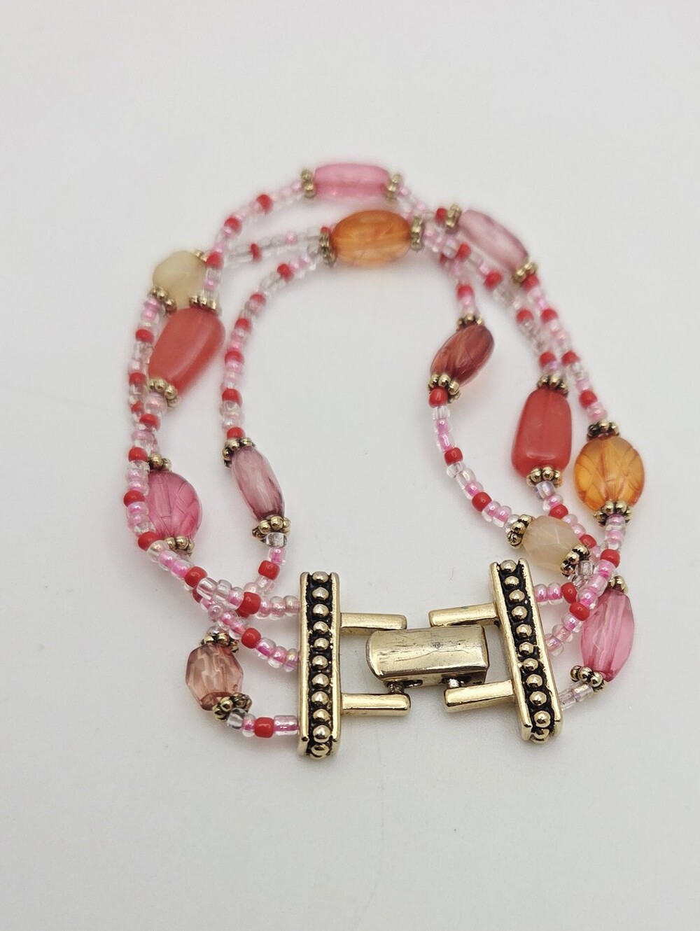 Triple-Strand Pink & Coral Beaded Bracelet with Gold-Tone Clasp